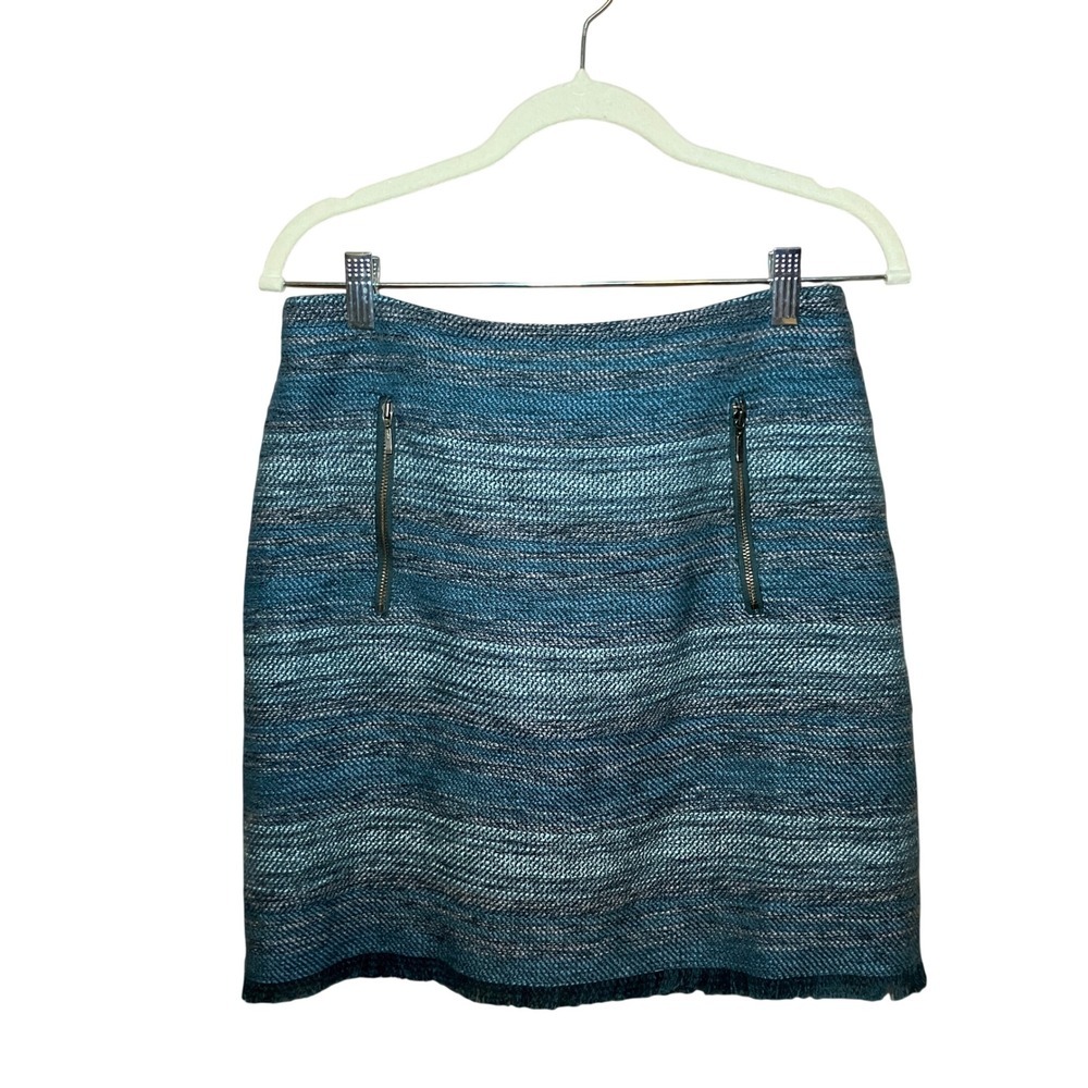 LOFT Tweed Mini Skirt Womens 4 Teal Blue Fringe Hem Zipper Accents